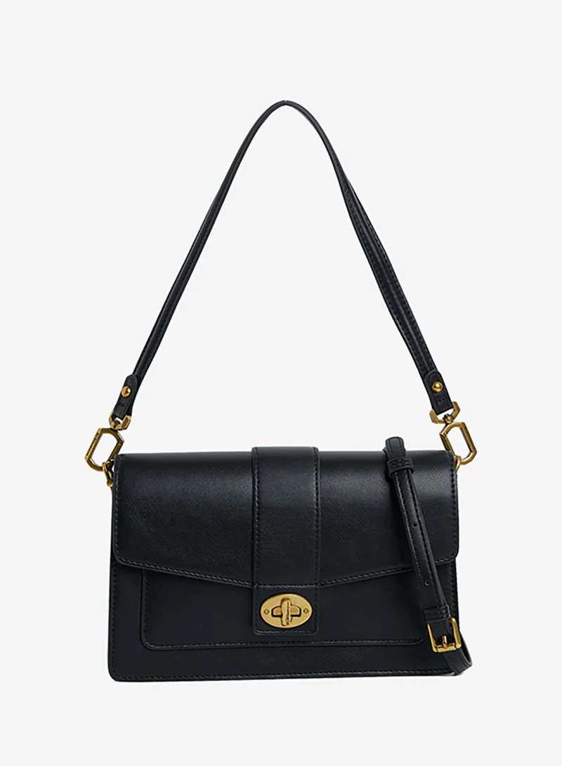 Bcbg HONGYI H933PU  1# BLACK Textured Twist Lock Shoulder Bag for Women | Best Price UAE
